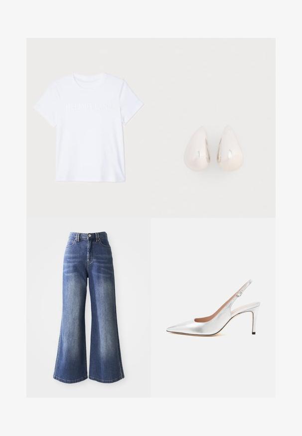 T-shirt en coton blanc à manches courtes, avec le logo en relief subtil "HELMUT LANG" sur la poitrine. Encolure ronde, texture lisse.; Jean en denim à jambe large dans un bleu moyen, présentant une taille haute, un design à cinq poches et des coutures contrastées le long des ourlets et des côtés.; Escarpin argenté à bout pointu, bride à boucle et talon fin de hauteur moyenne.; Boucles d'oreilles en métal argenté en forme de goutte, avec une surface lisse et réfléchissante, présentant un design sans couture et sans embellissements visibles.
