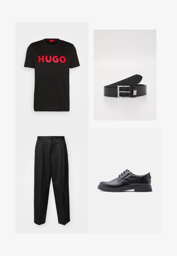 Schwarzes Baumwoll-T-Shirt mit fettem roten "HUGO"-Schriftzug auf der Vorderseite, kurzen Ärmeln, rundem Ausschnitt und lässiger Passform.; Schwarze, taillierte Hosen mit hoher Taille, weitem Bein und scharfen Falten. Aus glattem Stoff gefertigt, mit Gürtelschlaufen und ohne sichtbare Beschläge.; Schwarze Leder-Schnürschuhe mit glatter Textur, rundem Zehenbereich und dezenten Ziernähten. Mit einem roten Laschenband an der Ferse.; Schwarzer Ledergürtel mit einer eleganten, glatten Textur, ausgestattet mit einer silbernen Metallschnalle und dezenten Branding-Elementen.