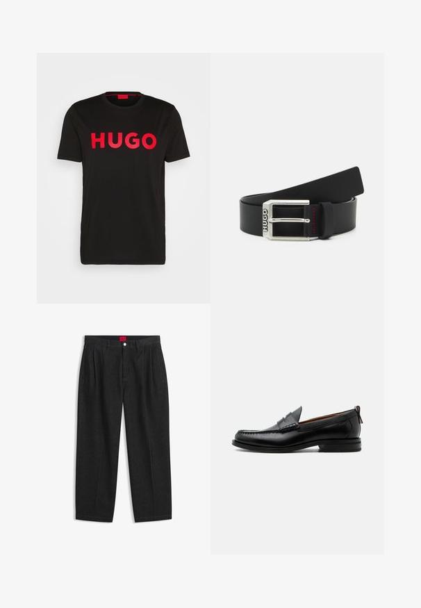 T-shirt en coton noir avec le texte "HUGO" en rouge vif sur le devant, manches courtes, col rond et coupe décontractée.; Pantalon noir taille haute avec plis sur le devant, passants de ceinture, fermeture par bouton et zip, et une étiquette rouge à l’intérieur de la ceinture.; Mocassin homme en cuir noir avec couture moc toe, bride penny, col texturé et petit talon empilé sur fond blanc.; Ceinture en cuir noir avec une boucle en métal argenté gravée "HUGO", présentant des coutures d'accent rouge sur la boucle de ceinture.