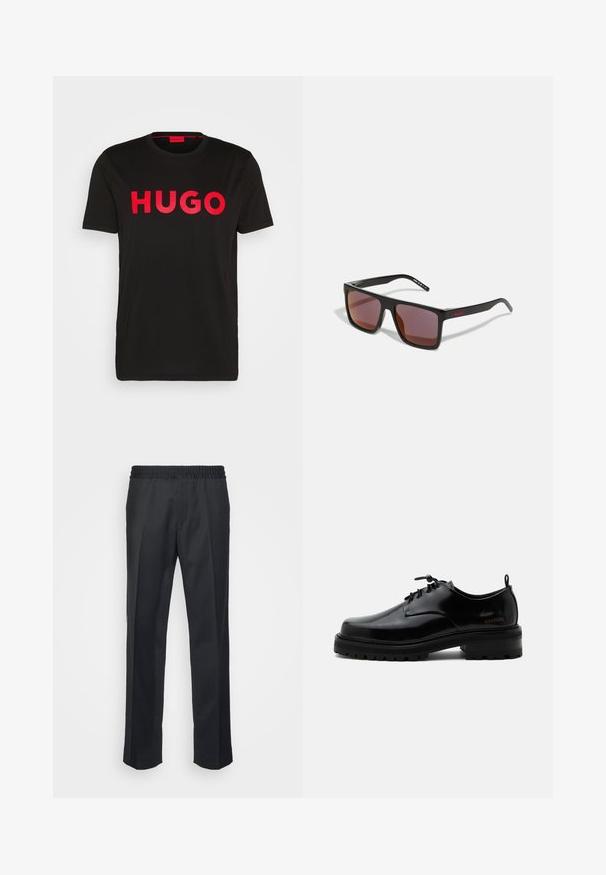 Zwarte katoenen T-shirt met op de voorkant gedurfde rode "HUGO" tekst, korte mouwen, ronde hals en een relaxte pasvorm.; Zwarte broeken met een relaxte pasvorm, voorzien van een elastische tailleband, rechte pijpen en een zachte, gladde stofstructuur.; Zwarte gepolijste leren veterschoen met dikke rubberen zool en lage hak, zijmerktekst "SAMSOE" en een achterste aantreklus.; Zwarte rechthoekige zonnebril met donkerrode glazen, voorzien van een matte afwerking en een rood logo op de slapen. Stevig plastic frame.