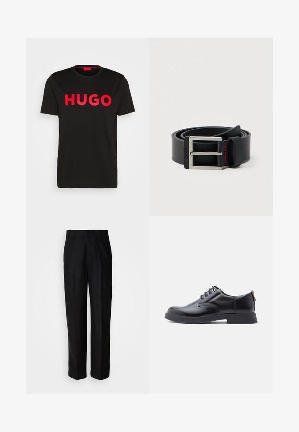 T-shirt en coton noir avec le texte "HUGO" en rouge vif sur le devant, manches courtes, col rond et coupe décontractée.; Pantalon noir en tissu lisse, avec une coupe droite, une taille plate et des passants de ceinture, présenté sur un fond uni.; Chaussures en cuir noir à lacets avec une texture lisse, un bout arrondi et des détails de couture discrets. Présentent une languette rouge à l'arrière.; Ceinture en cuir noir enroulée avec une boucle métallique rectangulaire argentée et un détail de couture rouge près de la boucle.