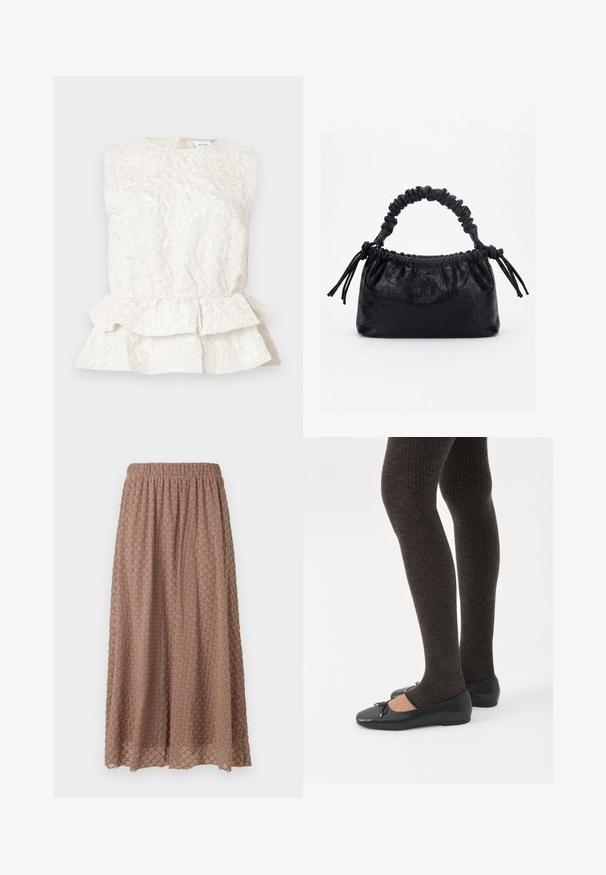 Cremefarvet ærmeløs bluse med en tekstureret, krøllet stof og en lagdelt peplum-bund. Har en rund halsudskæring og lukning bagpå.; Brun, knælang nederdel med elastisk talje, tekstureret stof med et diamantmønster i en lysere tone, let og luftig.; Ben iført mørke ribbede leggings kombineret med sorte balletsko med små sløjfedetaljer på hvid baggrund.; Sort taske med krokodilletekstur, rynket øverste kant, samlet hank og snore med kvaster på hver side mod en hvid baggrund.