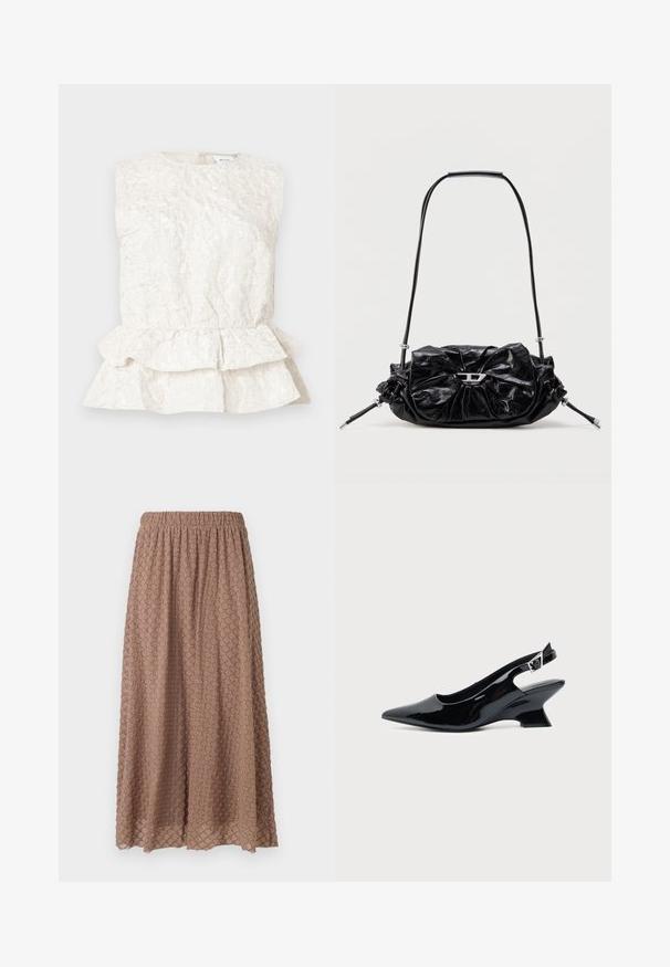 Blouse sans manches de couleur crème avec un tissu texturé et froissé, dotée d'un ourlet peplum superposé. Présente un col rond et une fermeture au dos.; Jupe marron, longueur genou avec une ceinture élastique, tissu texturé présentant un motif en losange dans une tonalité plus claire, légère et fluide.; Chaussure slingback en cuir verni noir avec bout pointu et petit talon bloc incliné sur fond clair uni.; Sac à main en cuir noir avec un design froncé et un détail en forme de nœud sur le devant. Dispose d'une poignée courte et d'accents de quincaillerie argentée.