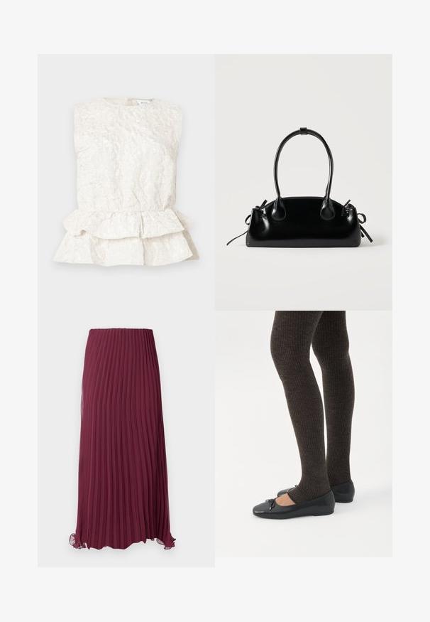 Blouse sans manches de couleur crème avec un tissu texturé et froissé, dotée d'un ourlet peplum superposé. Présente un col rond et une fermeture au dos.; Jupe plissée longue bordeaux en tissu léger avec une taille élastique et un ourlet légèrement ondulé. Plis verticaux texturés sur toute la surface.; Jambes portant des leggings côtelés foncés associés à des ballerines noires avec de petits détails en nœud sur fond blanc.; Petit sac à main noir brillant avec deux longues anses et des détails à cordon sur les côtés sur un fond clair uni.