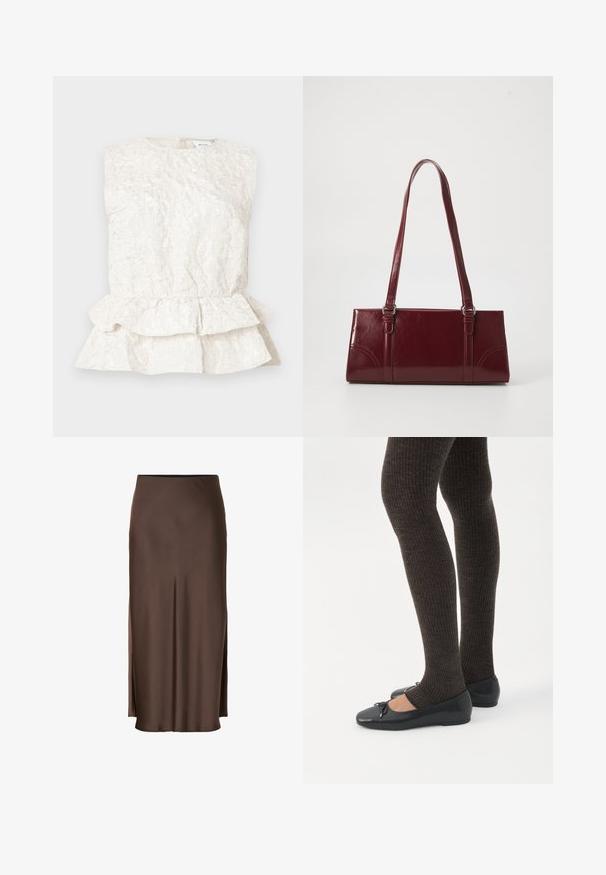 Cremefarvet ærmeløs bluse med en tekstureret, krøllet stof og en lagdelt peplum-bund. Har en rund halsudskæring og lukning bagpå.; Brun satin nederdel med et lige design, der har sideslids for let bevægelse og en glat tekstur gennem stoffet.; Ben iført mørke ribbede leggings kombineret med sorte balletsko med små sløjfedetaljer på hvid baggrund.; Bordeaux håndtaske lavet af glansfuldt materiale, rektangulær form, med to skulderremme og subtile buede detaljer på forsiden.