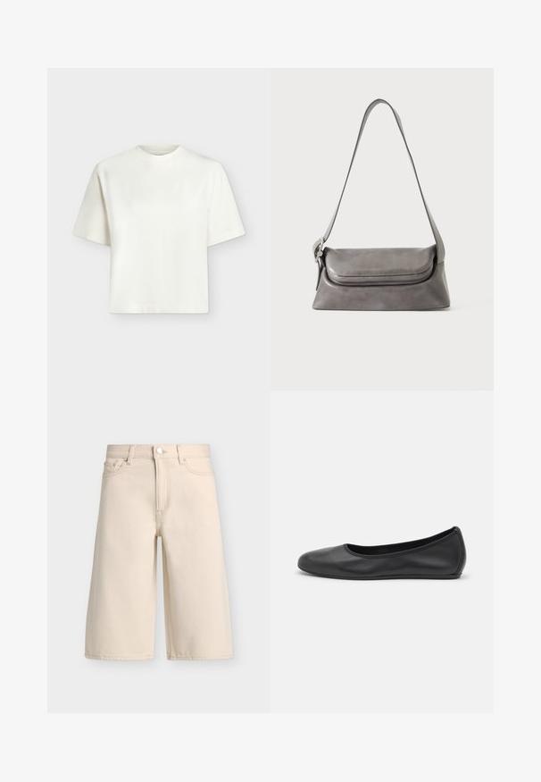 T-shirt blanc uni à manches courtes, col rond et coupe ample et carrée sur un fond gris clair.; Short en denim beige longueur genoux avec bouton et fermeture éclair devant, passants de ceinture et style cinq poches.; Ballerines en cuir noir avec un bout rond, texture lisse, détails de couture minimalistes et design de semelle flexible.; Sac à épaule en cuir gris avec un rabat incurvé et une longue sangle fine suspendus sur un fond blanc.