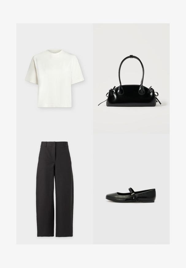 T-shirt blanc uni à manches courtes, col rond et coupe ample et carrée sur un fond gris clair.; Pantalon noir à jambes larges avec taille haute et passants de ceinture, présenté sur fond blanc.; Ballerines en cuir noir avec un bout arrondi, une semelle plate et une fine sangle ajustable sur le cou-de-pied avec une boucle en métal.; Petit sac à main noir brillant avec deux longues anses et des détails à cordon sur les côtés sur un fond clair uni.