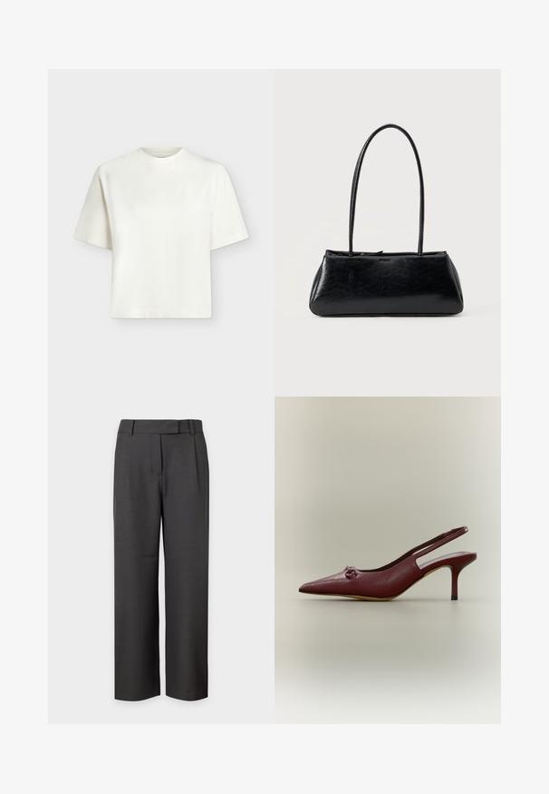 T-shirt blanc uni à manches courtes, col rond et coupe ample et carrée sur un fond gris clair.; Pantalon droit gris foncé avec passants de ceinture et fermeture éclair à l'avant, présenté sur un fond uni.; Chaussure à talon haut slingback en cuir rouge foncé avec bout pointu et petit nœud décoratif à l'avant, vue de profil sur fond neutre.; Sac à épaule rectangulaire noir avec de longues bretelles fines et une texture lisse et brillante sur un fond uni.