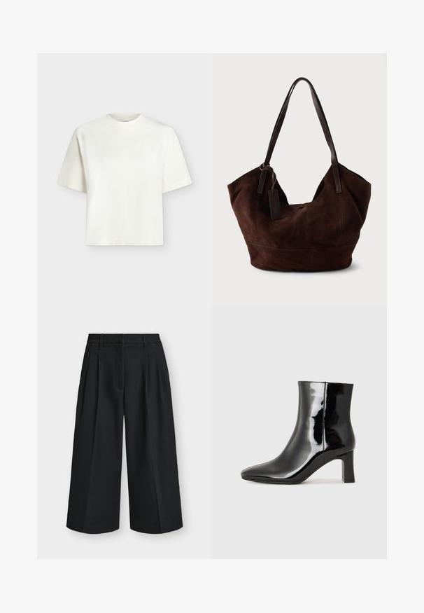T-shirt blanc uni à manches courtes, col rond et coupe ample et carrée sur un fond gris clair.; Pantalon court noir à larges jambes avec plis et passants de ceinture, présenté à plat sur un fond clair uni.; Bottines en cuir verni noir avec un bout pointu et un talon block de hauteur moyenne. Texture lisse et design minimaliste.; Handbag en cuir suédé marron avec une forme douce et souple. Doté de poignées en cuir et d'une étiquette décorative. Texture plain avec des coutures courbes.