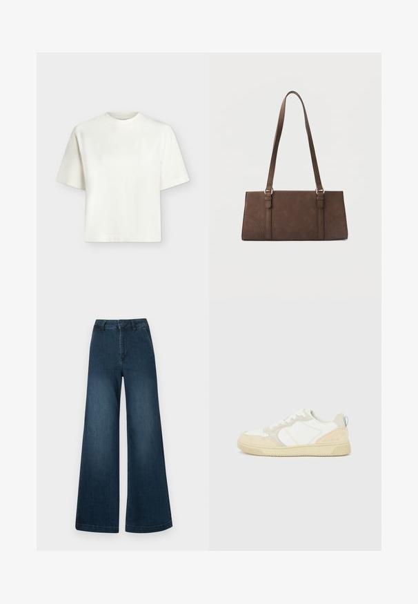 T-shirt blanc uni à manches courtes, col rond et coupe ample et carrée sur un fond gris clair.; Jean en denim bleu foncé, taille haute et jambes larges, avec poches avant et passants de ceinture sur fond blanc.; Baskets blanches et beiges avec dessus en suède et textile, présentant des coutures contrastées, une semelle en caoutchouc et un accent bleu clair sur le talon.; Sac à bandoulière rectangulaire marron avec longues sangles et détails de couture minimalistes sur un fond uni.