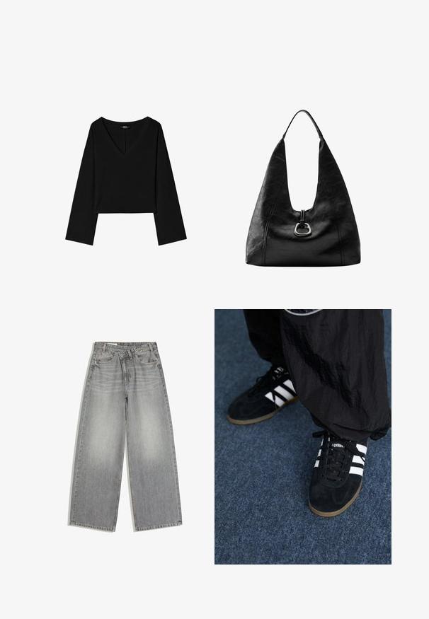 Schwarzes langärmliges Cropped-Top mit tiefem V-Ausschnitt, geraden Ärmeln und lockerem Sitz.; Weit geschnittene graue Denim-Jeans mit Knopf- und Reißverschluss, Vordertaschen und Gürtelschlaufen, flach auf weißem Hintergrund liegend.; Schwarze Wildleder-Sportschuhe mit drei weißen Streifen und schwarzen Schnürsenkeln. Eine strukturierte schwarze Hose ist teilweise neben den Schuhen sichtbar.; Schwarze Lederschultertasche mit weicher, lässiger Form und einem einzigen Riemen, mit einem silbernen Metallring-Detail auf der Vorderseite.