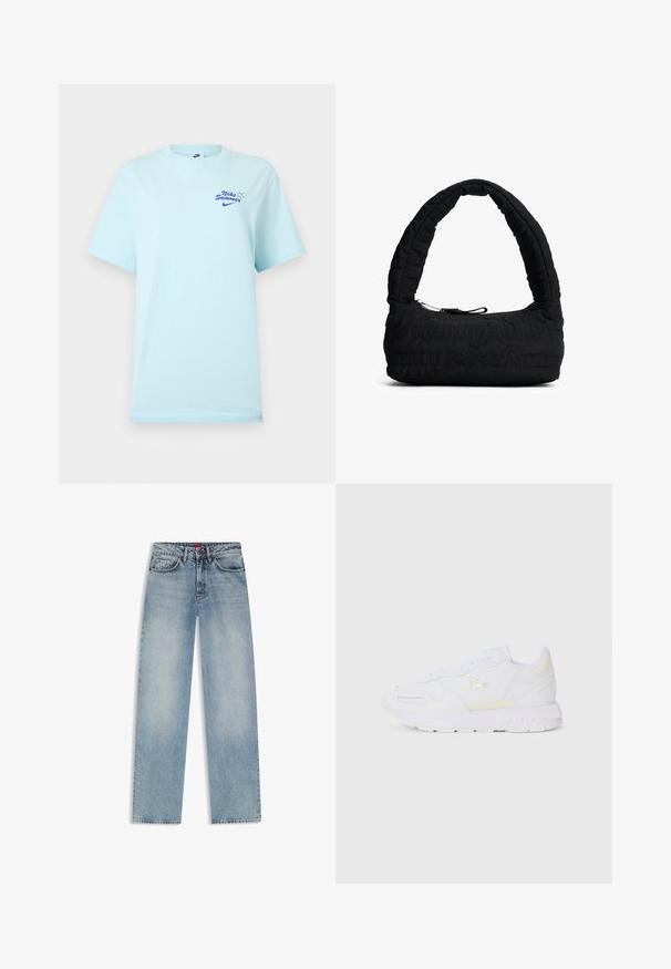 Ανοιχτό μπλε μπλουζάκι Nike με κοντά μανίκια, με μικρό κείμενο "Nike Summer" και λογότυπο σε μπλε στην αριστερή πλευρά του στήθους.; Φωτεινό μπλε τζιν με ίσια γραμμή, πέντε τσέπες και υφασμάτινη υφή. Η ζώνη διαθέτει κόκκινη διακοσμητική λεπτομέρεια.; Λευκά αθλητικά sneakers με λείο δέρμα, διακριτικές μπεζ λεπτομέρειες, ομόχρωμα κορδόνια και μαλακή καουτσούκ σόλα.; Κουβερτίνα μαύρη τσάντα χειρός με καμπυλωτή λαβή και φερμουάρ. Διαθέτει υφές και μαλακό υλικό. Συμπαγής και ευέλικτος σχεδιασμός.