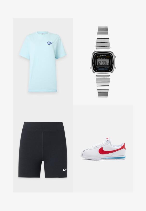 Ανοιχτό μπλε μπλουζάκι Nike με κοντά μανίκια, με μικρό κείμενο "Nike Summer" και λογότυπο σε μπλε στην αριστερή πλευρά του στήθους.; Μαύρα αθλητικά σορτς με λευκό λογότυπο Nike swoosh στο κάτω αριστερό πόδι, με ψηλή μέση και κεντρική μπροστινή ραφή.; Λευκά αθλητικά παπούτσια με κόκκινο σήμα, μπλε λεπτομέρεια στη σόλα και λευκές κορδόνες. Υφασμάτινο πάνω μέρος με ραμμένες λεπτομέρειες. Κλασικός σχεδιασμός.; Ασημένιο ψηφιακό ρολόι με τετράγωνη μαύρη οθόνη, κουμπιά στο πλάι και βουρτσιστό μεταλλικό λουρί. Περιλαμβάνει λειτουργίες ξυπνητηριού και χρονομέτρου.