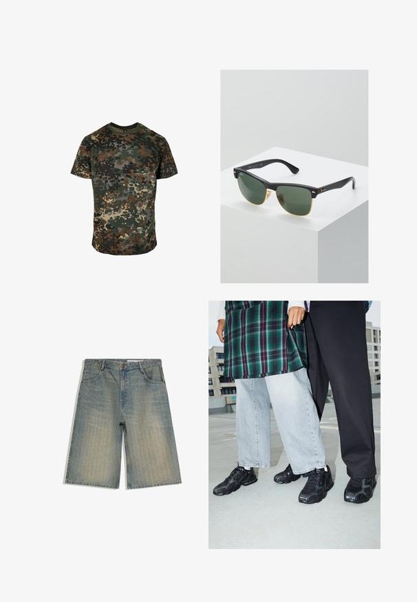 Camo t-shirt van katoen, met een meerkleurig patroon in groen, bruin en zwart. Ronde hals en korte mouwen.; Denim knielange shorts met vervaagde verticale strepen, voorste knoop, ritssluiting en vijfzakkenontwerp op een witte achtergrond.; Zwarte sportieve schoenen met mesh- en rubberaccenten. Draagt een lichtgrijze wijde spijkerbroek en een groen geruit shirt. Effen achtergrond.; Ray-Ban zonnebrillen met groene lenzen, zwarte plastic monturen en gouden accenten aan de randen. Vierkante vorm met een matte afwerking.