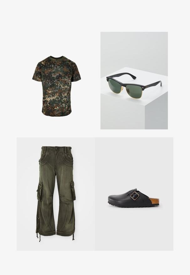 Camo t-shirt van katoen, met een meerkleurig patroon in groen, bruin en zwart. Ronde hals en korte mouwen.; Olijfgroene cargobroek van katoen met een relaxte pasvorm, voorzien van zijzakken, ritsen bij de enkels en koordjes aan de zoom.; Zwarte leren klompen met een gestructureerd oppervlak, voorzien van een enkele verstelbare riem met een gouden gesp en een kurkaccent op de hak.; Ray-Ban zonnebrillen met groene lenzen, zwarte plastic monturen en gouden accenten aan de randen. Vierkante vorm met een matte afwerking.