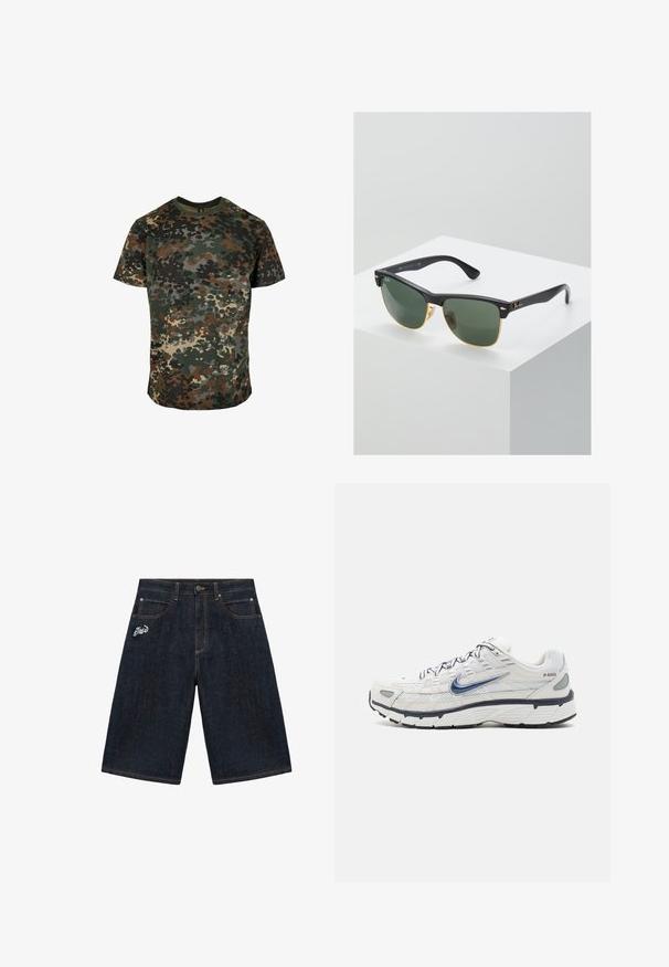 Tarnfarbenes T-Shirt aus Baumwolle mit einem mehrfarbigen Muster in Grün, Braun und Schwarz. Rundhalsausschnitt und kurze Ärmel.; Dunkelblaue Denim-Knielange Shorts mit Vordertaschen, Gürtelschlaufen, Knopfverschluss und weiß besticktem Text auf der linken Tasche.; Nike Sportswear P 6000 - Sneaker low - phantom/obsidian/summit white/white/black/metallic silver; Ray-Ban Sonnenbrillen mit grünen Gläsern, schwarzen Kunststoffrahmen und goldenen Akzenten an den Rändern. Quadratische Form mit matter Oberfläche.