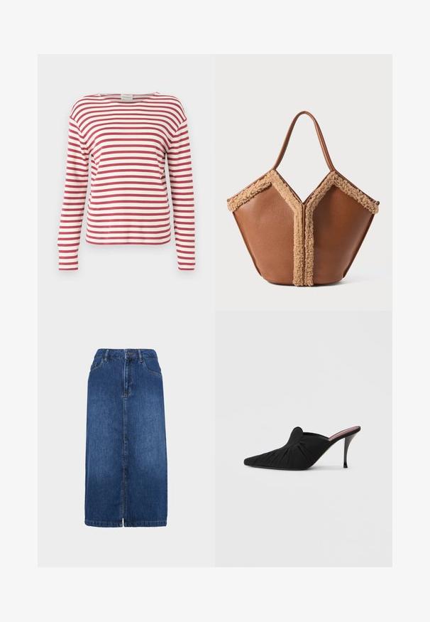 CLOSED BASIC - Langærmet T-shirt - cherry red; Denim nederdel i mørkeblå med lige snit, midt-længde, frontlukning med knapper og subtile stikninger. Kantene er let flossede.; Sort højhælet mule med spids tå, blødt stof med rynket tekstur foran og en slank stiletthæl.; Brun læder håndtaske med tan shearling kant, der skitserer en geometrisk form, med et eneste rundt håndtag.