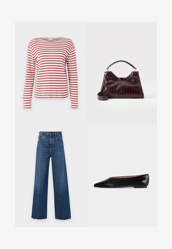 CLOSED LONG SLEEVE - Langarmshirt - cherry red; Helleblauwe High-Waist-Jeans mit weitem Bein aus Denim, mit Vordertaschen und Kontrastnähten. Der Stoff hat eine glatte Textur.; Schwarzer flacher Damenleder-Schuh mit spitzer Kappe und niedrigem Absatz, von der Seite auf einfarbigem hellgrauem Hintergrund gezeigt.; Dunkelburgunderrote Lederhandtasche mit strukturiertem Muster, schwarzem Tragegriff oben, goldenen Beschlägen und abnehmbarem Schulterriemen vor weißem Hintergrund.