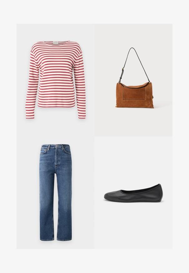 CLOSED LONG SLEEVE - Langarmshirt - cherry red; Hochgeschnittene blaue Jeans aus Denim mit geradem Bein, fünf Taschen und Hardware in Kupferfarbe. Glatte Textur und klassisches Design.; Schwarze Leder-Ballettschuhe mit abgerundeter Spitze, glatter Textur, minimalen Nähdetails und einem flexiblen Sohlen-Design.; Braune Wildleder-Umhängetasche mit langem schwarzem verstellbarem Riemen und einem rechteckigen vorderen Taschen-Detail vor neutralem Hintergrund.
