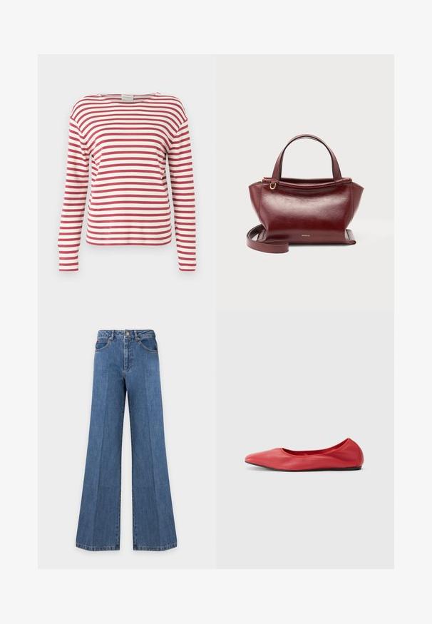 CLOSED LONG SLEEVE - Langærmet T-shirt - cherry red; Blå jeans med vide ben, forlommer, bæltestropper, knaplukning og synlige syninger på en ensfarvet lys baggrund.; Filippa K REY FLATS - Ballerinasko - bright red; Mørkerød lædertaske med to håndtag øverst, aftagelig skulderrem, guldfarvet hardware og mærkenavnet Wandler på forsiden i midten.