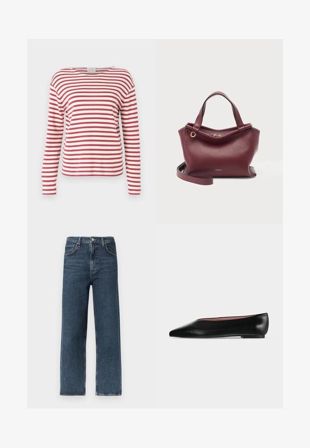 CLOSED LONG SLEEVE - Top s dlhým rukávom - cherry red; Tmavomodré džínsy so širokými nohavicami z denimu, s dizajnom piatich vreciek, s pútkami na opasok a zapínaním na gombík v páse.; Čierna kožená dámska balerína s špicatou špičkou a nízkym opätkom, zobrazená z boku na jednoliatom svetlosivom pozadí.; Tmavočervená kožená kabelka s dvoma rukoväťami, odnímateľným ramenným popruhom a zlatým zipsom a detailmi loga na bielom pozadí.
