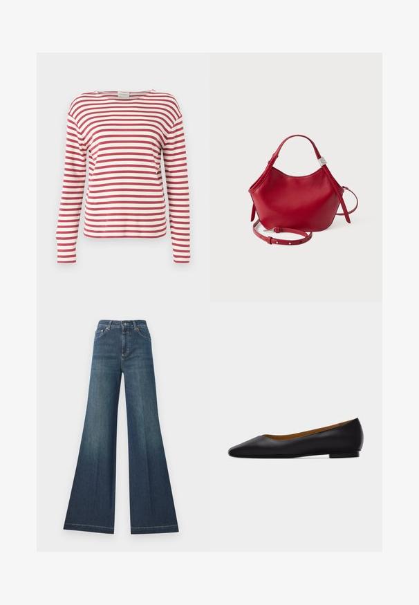 CLOSED BASIC - Langærmet T-shirt - cherry red; Bredde mørkeblå jeans med høj talje, lavet af denim, med knaplukning og kontrastsyninger langs sømmene.; Sort læder flad sko med spids tå, lav hæl og glat finish, vist fra siden på en lysegrå baggrund.; Rød læderhåndtaske med en blød tekstur, buet design, korte håndtag og en justerbar rem. Har en sølvfarvet trekantsdetalje.