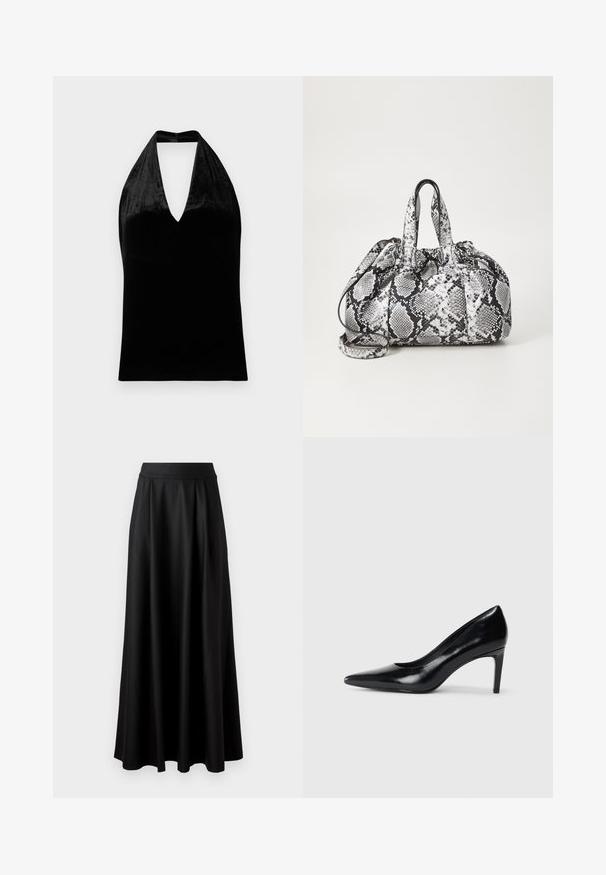 Top halter de terciopelo negro con escote en V profundo y tirantes anchos, sin mangas y con una textura suave y lisa.; Falda negra de longitud completa con una textura suave, cinturilla ancha y diseño plisado, sin patrones o adornos visibles.; Zapato de tacón alto de cuero negro con punta afilada, textura suave y tacón en forma de cono. Diseño minimalista, sin adornos adicionales.; Bolso de mano con patrón de piel de serpiente en blanco y negro, con dos asas, un cierre de cordón y una correa para el hombro desmontable. Textura suave.