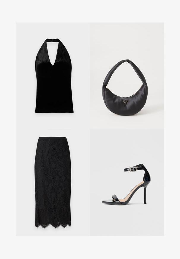 Sort fløjl halterneck-top med dyb V-udskæring og brede stropper, uden ærmer og med en glat, blød tekstur.; Pinko GALLETTA - Pencil skirt - nero limousine; Sort højhælet sandal i laklæder med ankelrem. Har minimalistisk design, åben tå og spænde med rhinsten-detaljer.; Sort satin håndtaske med en buet form, der har en lynlåslukning og et trekantet logo i metal på forsiden. Glat tekstur og slankt design.