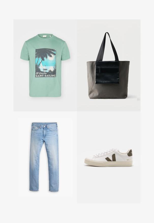 Mintgrünes Baumwoll-T-Shirt mit einem grafischen Druck von Palmen, einem Mond und Segelbooten, beschriftet mit "St. Lucia GANT Sailing."; Hellblaue Denim-Jeans mit geradem Schnitt, fünf Taschen und einer Knopfleiste. Verfügt über subtile Ausbleichungen und orangefarbene Nähte.; Weiße Leder-Sneaker mit einer hellbeigen Gummisohle. Mit braunem Wildleder-V-Logo und Fersenlasche. Schnürverschluss mit texturierter Oberfläche.; Graue Tragetasche mit schwarzer Front-Reißverschlusstasche und schwarzen Schulterriemen vor einfarbigem Hintergrund.