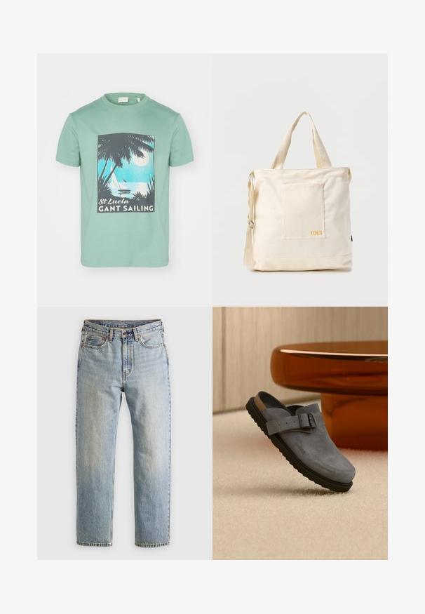 Mintgrünes Baumwoll-T-Shirt mit einem grafischen Druck von Palmen, einem Mond und Segelbooten, beschriftet mit "St. Lucia GANT Sailing."; Helle blaue Jeans mit hoher Taille, Frontknopf, Reißverschluss und fünf Taschen-Design, flach auf einem neutralen Hintergrund ausgelegt.; Grauer Wildleder-Slipper-Clog mit schwarzer Sohle und verstellbarem Schnallenriemen, liegend auf beigem Teppich nahe einem abgerundeten braunen Tischbein.; Beige Canvas-Shopper mit Fronttasche, zwei Griffen, verstellbarem Schulterriemen und kleinem gelbem "O.N.S"-Text unten rechts auf der Tasche.