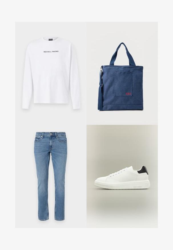 Witte lange mouw t-shirt van katoen, met "RED BULL RACING" in het zwart over de borst gedrukt. Ronde hals, relaxte pasvorm.; Blauwe rechte spijkerbroek met voorzakken, riemlussen en een knopen sluiting.; Witte lage sneaker met dikke zool, veters aan de voorkant en een zwart hielstuk, gebrandmerkt met "Steve Madden" op de zijkant van de zool.; Blauwe canvas tas met voorvak en rode "O.N.S" borduring, voorzien van dubbele handvatten en een verstelbare schouderriem.