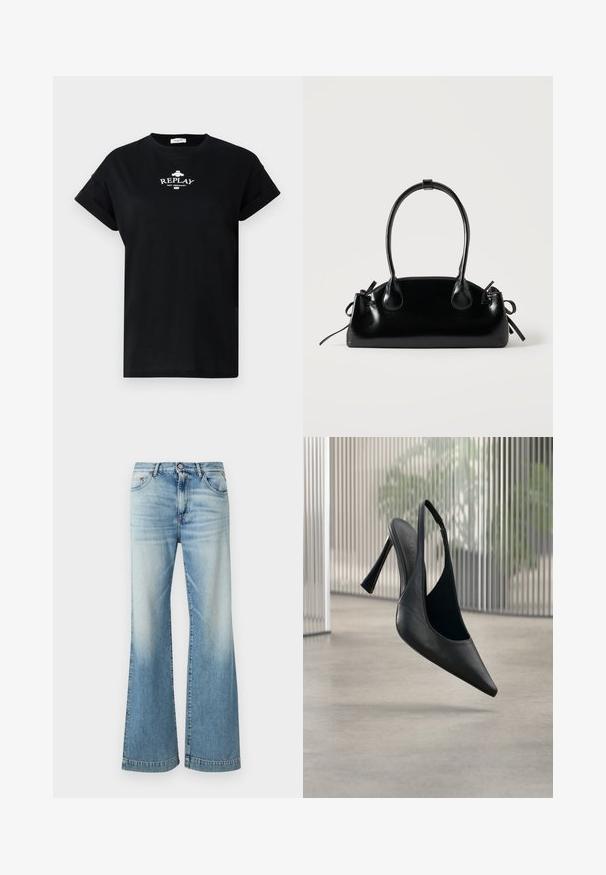 T-shirt en coton noir avec un col rond et des manches courtes retroussées. Présente le logo blanc "REPLAY NOT ORDINARY" sur le devant.; Jean évasé bleu clair en denim, avec une finition légèrement délavée, un design à cinq poches et une fermeture traditionnelle par bouton.; Chaussure à talon aiguille en cuir noir avec bride arrière et bout pointu, flottant au-dessus d'un sol en béton lisse et d'un panneau métallique vertical en arrière-plan.; Petit sac à main noir brillant avec deux longues anses et des détails à cordon sur les côtés sur un fond clair uni.