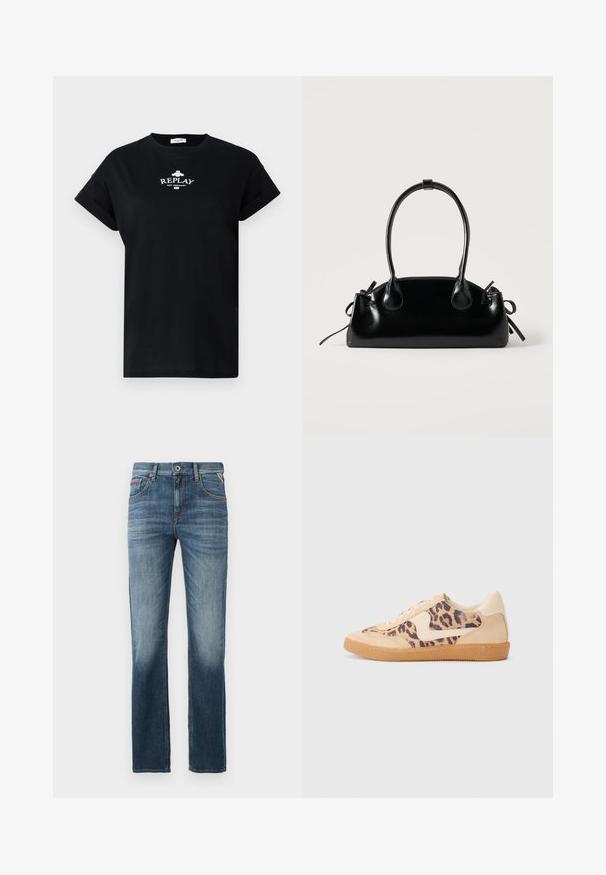 T-shirt en coton noir avec un col rond et des manches courtes retroussées. Présente le logo blanc "REPLAY NOT ORDINARY" sur le devant.; Jeans en denim bleu foncé avec une coupe à jambes droites, un léger délavage au niveau des cuisses et des coutures contrastantes. Design classique à cinq poches avec une fermeture éclair.; Baskets en imprimé léopard avec tige en suède beige, semelle en caoutchouc tan et accents blancs. Bout rond et design à lacets avec une finition texturée.; Petit sac à main noir brillant avec deux longues anses et des détails à cordon sur les côtés sur un fond clair uni.