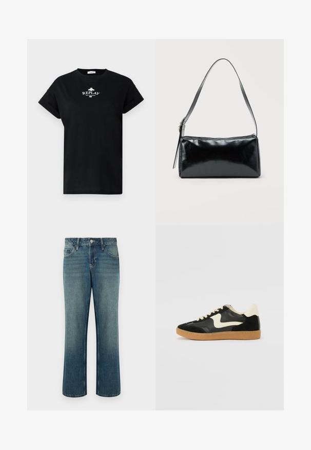 T-shirt en coton noir avec un col rond et des manches courtes retroussées. Présente le logo blanc "REPLAY NOT ORDINARY" sur le devant.; Jean en denim bleu à coupe droite, taille mi-haute, cinq poches et légère décoloration. Fermeture par bouton et passants pour ceinture inclus.; Baskets en daim et cuir noir avec un swoosh latéral crème et un talon crème clair. Dotées de lacets beige et d'une semelle en caoutchouc gomme.; Sac d'épaule rectangulaire noir avec une sangle réglable unique et une fermeture éclair supérieure sur un fond uni.