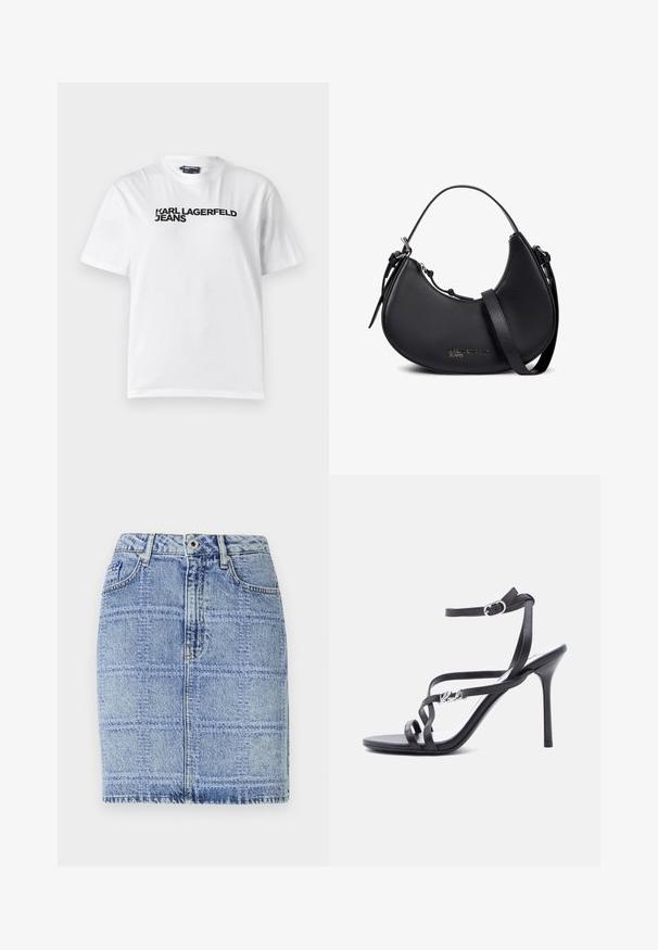 Hvid bomulds T-shirt med rund halsudskæring, korte ærmer og sort trykt tekst med ordene "KARL LAGERFELD JEANS" henover brystet.; Denim nederdel i lyseblå med et rutenetmønster. Har høj talje, to forlommer og syningsdetaljer langs kanten og sømmene.; Sort højhælet sandal med tynde stropper, ankelspænde og en metal-logo detalje på siden af stroppen, sat mod en hvid baggrund.; Sort læderhåndtaske i halvmåneform med dobbelte stropper, sølv lynlås og subtilt "Karl Lagerfeld Jeans" logo foran.