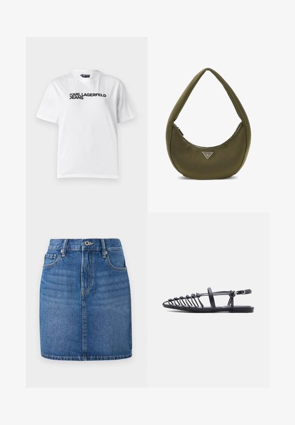 Hvid bomulds T-shirt med rund halsudskæring, korte ærmer og sort trykt tekst med ordene "KARL LAGERFELD JEANS" henover brystet.; Denim nederdel i blå, lige skæring med taljebånd, forlommer og en falmet finish. Har kontrast syninger og lynlås til åbning.; Sort flad sandal med flere tynde remme, ankelrem med spænde og åben tå-burdesign på hvid baggrund.; Olivengrøn hobo-taske med en glat tekstur, buet form og et sølvfarvet trekantet logo. Har en lynlåslukning og en blød, tykk skulderrem.