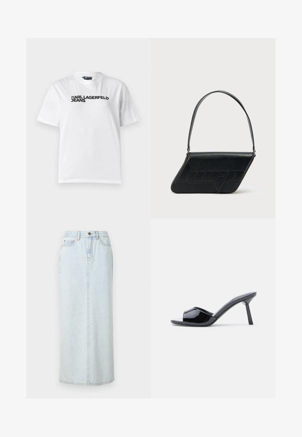 Hvid bomulds T-shirt med rund halsudskæring, korte ærmer og sort trykt tekst med ordene "KARL LAGERFELD JEANS" henover brystet.; Lyseblå denim maxi-nederdel med lige design, frontknaplukning og synlige syninger. Har to frontlommer.; Sorte laklæder sandaletter med åben tå, der har et buet overdesign og en spids stilethæl. Glat, blank finish.; Sort skuldertaske i læder med trekantet form, præget logo og en enkelt justerbar rem. Minimalistisk design med glat tekstur.