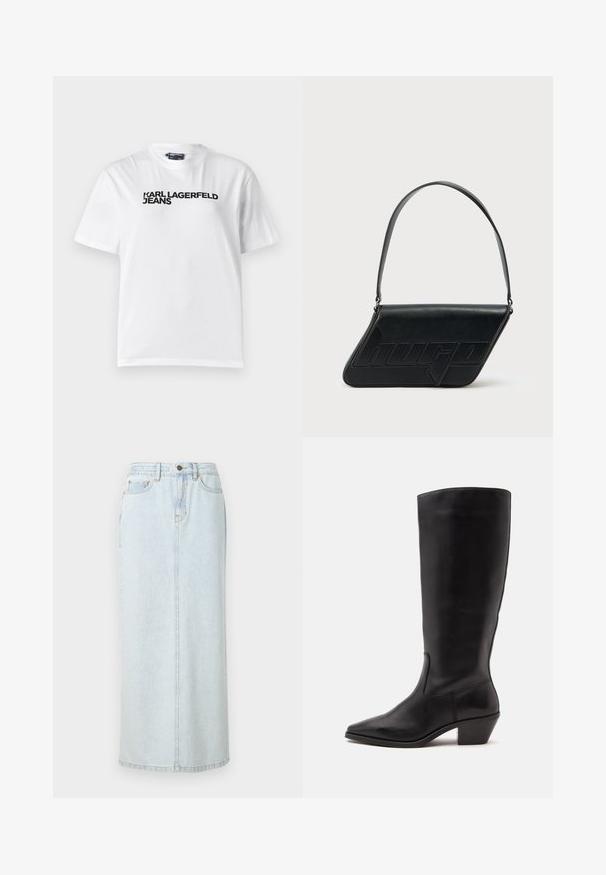 Hvid bomulds T-shirt med rund halsudskæring, korte ærmer og sort trykt tekst med ordene "KARL LAGERFELD JEANS" henover brystet.; Lyseblå denim maxi-nederdel med lige design, frontknaplukning og synlige syninger. Har to frontlommer.; Sort læderstøvle til midtkalv med spids tå og lavt skråt hæl på en enkel lys baggrund.; Sort skuldertaske i læder med trekantet form, præget logo og en enkelt justerbar rem. Minimalistisk design med glat tekstur.