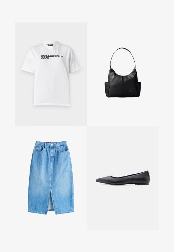 Biela bavlnená tričko s okrúhlym výstrihom, krátkymi rukávmi a čiernym potlačeným textom "KARL LAGERFELD JEANS" na prsiach.; Svetlo modrá džínová sukňa s predným rozparkom, piatimi vreckami a zapínaním na gombík. Má klasický rovný strih a rozstrapkaný lem.; Čierna kožená balerína s špičatou špičkou a nízkym podpätkom, zobrazená z profilu na bielom pozadí.; Čierna kožená taška cez rameno s jedným remienkom, bočnými vreckami a jemným vystupujúcim logom Calvin Klein vpredu v pravom dolnom rohu.