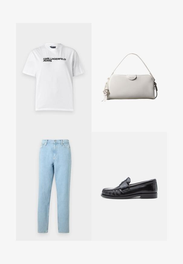Hvid bomulds T-shirt med rund halsudskæring, korte ærmer og sort trykt tekst med ordene "KARL LAGERFELD JEANS" henover brystet.; Lyseblå denimjeans med lige ben, femlommers design og knaplukning. Har subtilt slid og en glat tekstur.; Sorte læderloafers med rundet tå, karakteristisk syning og en dekorativ rem over vampen. Glat finish og lav hæl.; Hvid rektangulær Calvin Klein håndtaske med enkelt håndtag, minimalistisk design og dekorative kvaster med geometrisk metalvedhæng på siden.