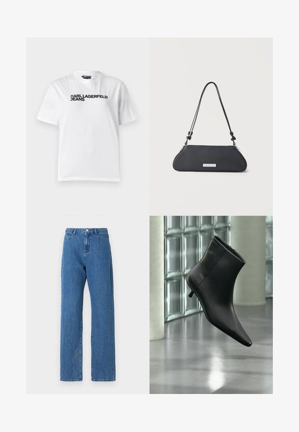 Hvid bomulds T-shirt med rund halsudskæring, korte ærmer og sort trykt tekst med ordene "KARL LAGERFELD JEANS" henover brystet.; Lyseblå denimjeans med høj talje, brede ben og et klassisk fem-lomme design. Stoffet har en subtil tekstur.; Sort læderankelstøvle med spids tå og lav kitten-hæ, vist vinklet mod en poleret gulv- og glasblokvæg.; Sort læder skuldertaske med forlænget trapezform, justerbar rem og sølvfarvet rektangulært brandemærke foran.