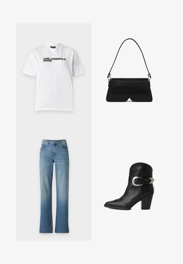 Weißes Baumwoll-T-Shirt mit Rundhalsausschnitt, kurzen Ärmeln und schwarzem Drucktext "KARL LAGERFELD JEANS" über der Brust.; Hellblaue Denim-Jeans im Straight-Leg-Design, ausgestattet mit fünf Taschen, einem Knopfverschluss und leichter Ausbleichung für einen getragenen Look.; Schwarze Leder-Stiefelette mit spitzer Zehe, klobigem Absatz und einem breiten Riemen mit einer kreisförmigen silbernen Schnalle an der Seite. Glatte Textur.; Schwarze, trapezförmige Schultertasche mit Klappe, geprägt Logo auf der Vorderseite und einem einzelnen dünnen Riemen, der mit silbernen Ringen befestigt ist.