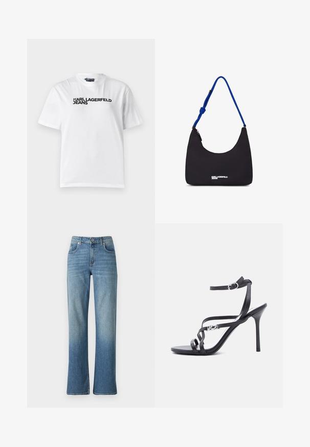 Biela bavlnená tričko s okrúhlym výstrihom, krátkymi rukávmi a čiernym potlačeným textom "KARL LAGERFELD JEANS" na prsiach.; Svetlomodré džínsy s rovnými nohavicami, obsahujúce päť vreciek, zapínanie na gombík a s jemným vyblednutím pre opotrebovaný vzhľad.; Čierna sandále na vysokom podpätku s tenkými remienkami, prackou na členku a kovovým logom na bočnom remienku, na bielom pozadí.; Čierna nylonová taška cez plece s zakriveným tvarom, modrým lankovým popruhom a striebornými detailmi loga na prednej strane. Hlavné zapínanie na zips.