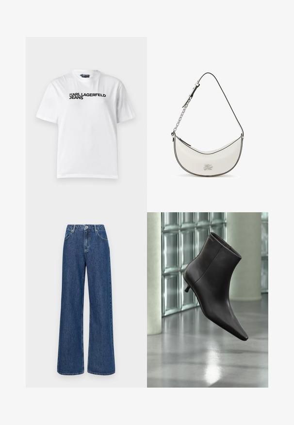 Biela bavlnená tričko s okrúhlym výstrihom, krátkymi rukávmi a čiernym potlačeným textom "KARL LAGERFELD JEANS" na prsiach.; Džíny s širokými nohavicami z modrej denimu s vysokým pásom, so prednými vreckami a jedným gombíkom na zapínanie. Štruktúrovaná tkanina s viditeľným šitím.; Čierna kožená členková obuv s ostrou špičkou a nízkym podpätkom, zobrazená na pozadí steny zo sklenených blokov a leštenej podlahy.; Biela kožená kabelka so zakriveným dizajnom, čiernym lemovaním a strieborným reťazovým popruhom. Obsahuje zipsové uzavretie a vyrazené logo.