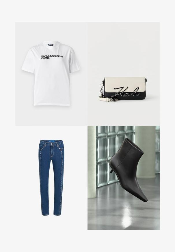 Hvid bomulds T-shirt med rund halsudskæring, korte ærmer og sort trykt tekst med ordene "KARL LAGERFELD JEANS" henover brystet.; Mørkeblå denim jeans med lige pasform, der har kontrasterende syninger og dekorative nitter langs sidesømmene og forlommerne.; Sort læderankelstøvle med spids tå og lille hæl vist mod en væg af glasblokke og poleret gulv baggrund.; Rektangulær sort-hvid crossbody taske med sølvkæde og "Karl" skriftlogo på frontklappen.