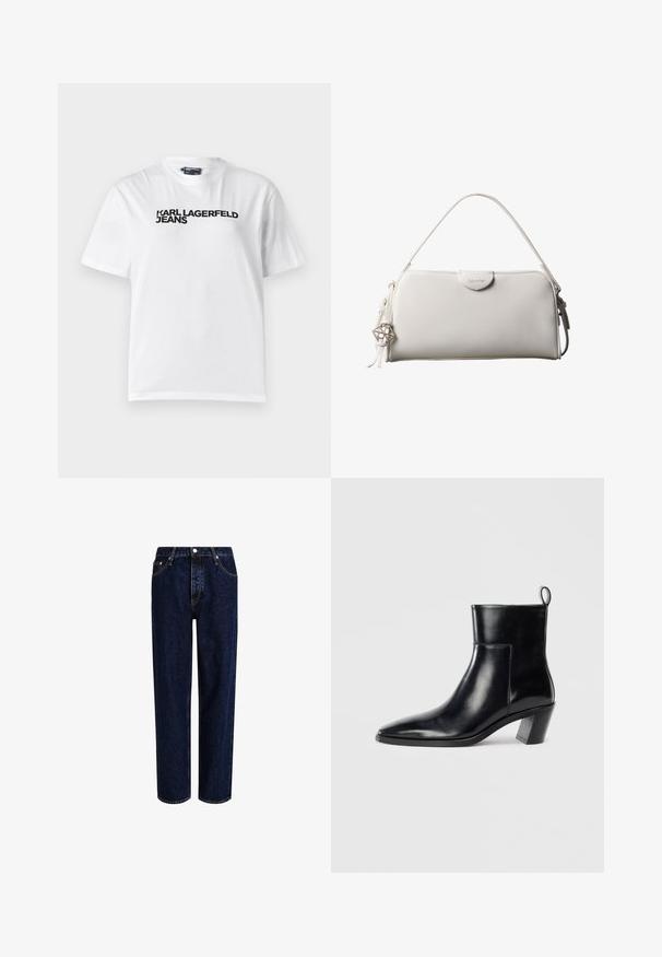 Hvid bomulds T-shirt med rund halsudskæring, korte ærmer og sort trykt tekst med ordene "KARL LAGERFELD JEANS" henover brystet.; Mørkeblå denim jeans med lige ben-design, der har høj talje, fem-lomme-stil og kontrastsyninger. Ingen dekorationer.; Sort læder ankelstøvle med spids tå, geometrisk stablet hæl og en løftestrop bagpå. Glat tekstur og slankt design.; Hvid rektangulær Calvin Klein håndtaske med enkelt håndtag, minimalistisk design og dekorative kvaster med geometrisk metalvedhæng på siden.