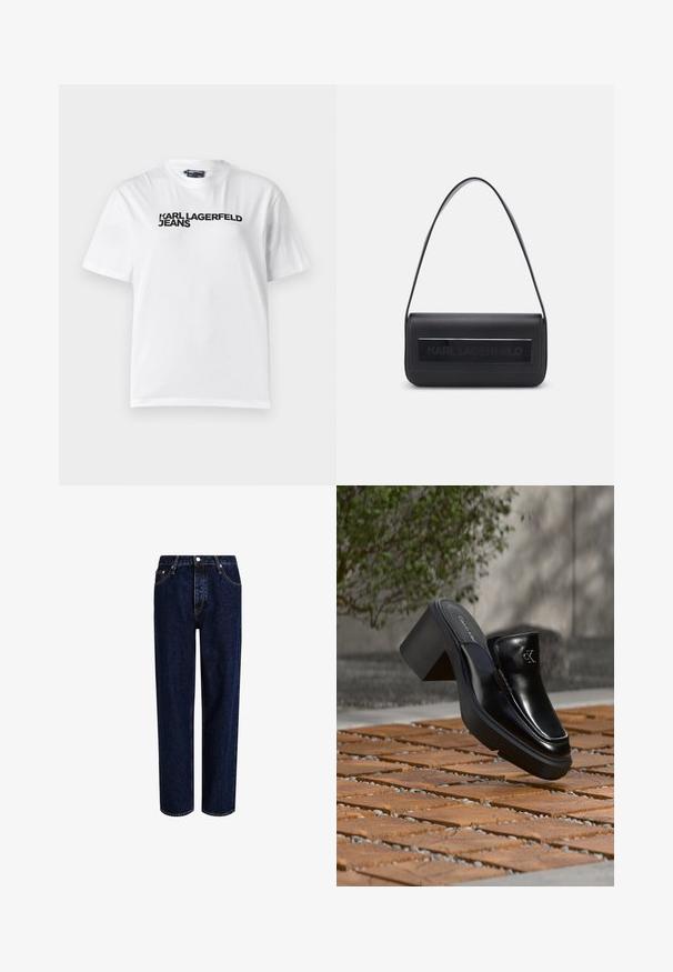 Weißes Baumwoll-T-Shirt mit Rundhalsausschnitt, kurzen Ärmeln und schwarzem Drucktext "KARL LAGERFELD JEANS" über der Brust.; Dunkelblaue Denim-Jeans mit geradem Bein, hoher Taille, fünf Taschen und kontrastierenden Nähten. Ohne Verzierungen.; Schwarze Leder-Slip-on-Mule von Calvin Klein mit Blockabsatz, die auf Holzfliesen im Freien nahe einer grünen Pflanze und einer grauen Wand ruht.; Schwarze Ledertasche mit einem einzigen Schulterriemen, rechteckiger Form, ausgestattet mit einem strukturierten Feld mit dem prägten "KARL LAGERFELD" Logo auf der Vorderseite.