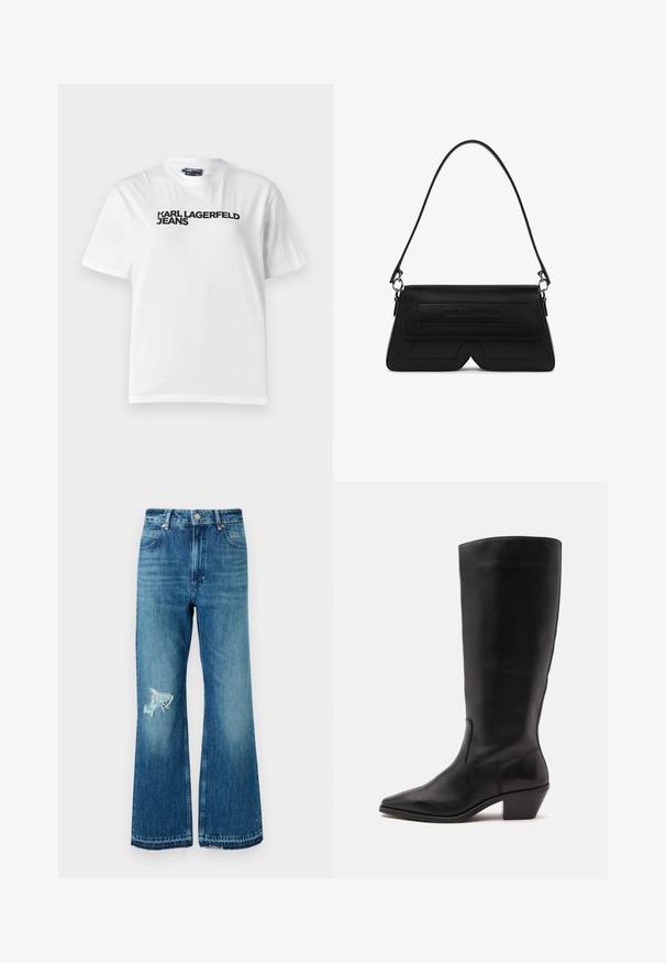 Hvid bomulds T-shirt med rund halsudskæring, korte ærmer og sort trykt tekst med ordene "KARL LAGERFELD JEANS" henover brystet.; Blå denim flare jeans med en frynset kant og en slidset lap på venstre lår. Har et klassisk fem-lomme design og metalknapper.; Sort læderstøvle til midtkalv med spids tå og lavt skråt hæl på en enkel lys baggrund.; Sort skuldertaske formet som en trapez med klap, præget logo foran og en enkelt tynd strop fastgjort med sølvringe.