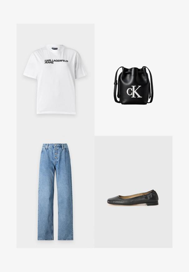 Biela bavlnená tričko s okrúhlym výstrihom, krátkymi rukávmi a čiernym potlačeným textom "KARL LAGERFELD JEANS" na prsiach.; Svetlo modré denimové džínsy s vysokým pásom, širokými nohavicami, zapínaním na päť gombíkov a pútkami na opasok. Materiál má hladký povrch s minimálnym vyblednutím.; Čierne kožené baletky s okrúhlou špičkou a minimálnym šitím. Nízky, obdĺžnikový podpätok a hladká textura. Diskrétny detail podšívky vnútri.; Čierna kožená bucket taška so sťahovacou šnúrkou na vrchu a bielym logom "cK" na prednej strane, vybavená nastaviteľným ramenným popruhom.