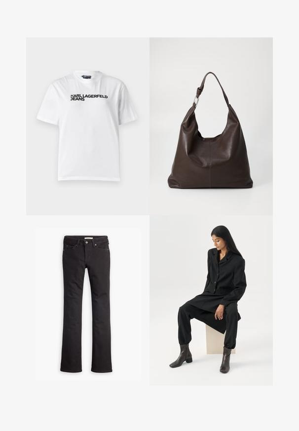 Hvid bomulds T-shirt med rund halsudskæring, korte ærmer og sort trykt tekst med ordene "KARL LAGERFELD JEANS" henover brystet.; Sorte jeans lavet af denim, med lige ben-design, standard talje, fem lommer og diskrete syninger.; Kvinde med langt mørkt hår, siddende iført en løs sort blazer, matchende vidde bukser og mørke ankelstøvler mod en ensfarvet hvid baggrund.; Zign LEATHER - Shopping bags - chocolate brown